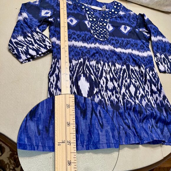 Chico's Blue White Ikat Print Tunic Blouse V-Neck 3/4 Sleeve - Picture 7 of 7